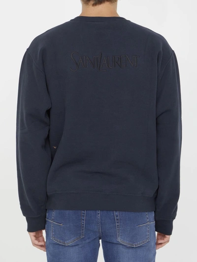 Shop Saint Laurent Blue Sweatshirt With Embroidered Logo