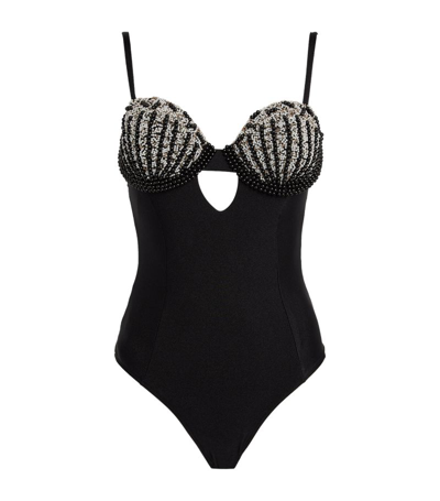 Shop Patbo Beaded Shell Swimsuit In Black