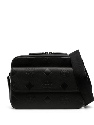 Shop Mcm Monogram Leather Messenger Bag In Black