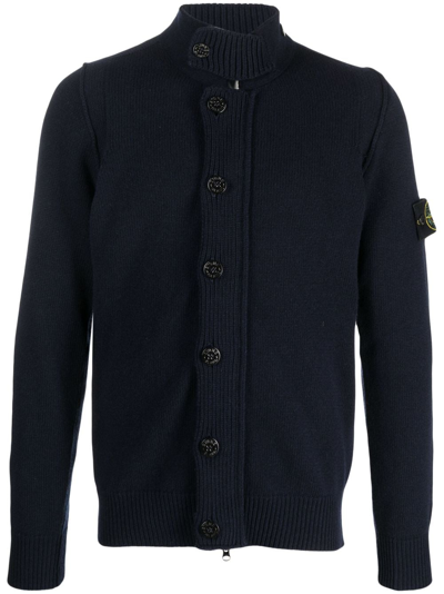 Shop Stone Island Compass-motif Knitted Cardigan In Blue