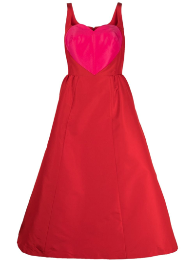 Shop Carolina Herrera Heart-appliqué Silk Flared Dress In Red