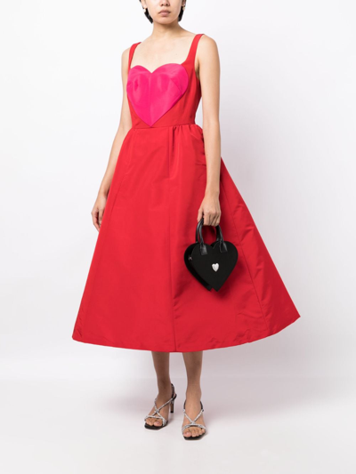 Shop Carolina Herrera Heart-appliqué Silk Flared Dress In Red