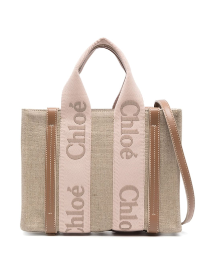 Shop Chloé Small Woody Linen Tote Bag In Neutrals