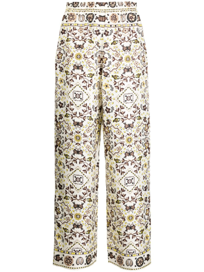 Shop Tory Burch Graphic-print Silk Trousers In Brown