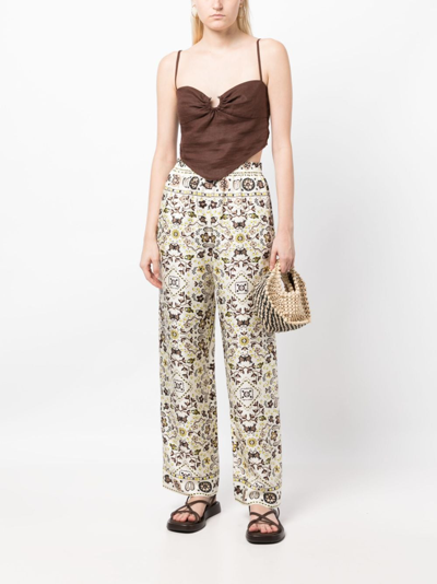 Shop Tory Burch Graphic-print Silk Trousers In Brown