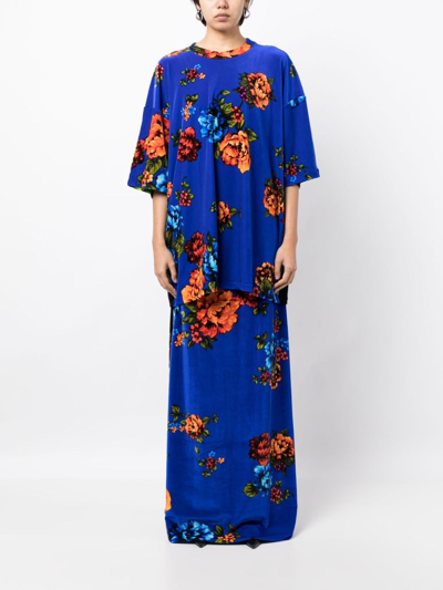 Shop Vetements Floral-print Velvet Maxi Skirt In Blue