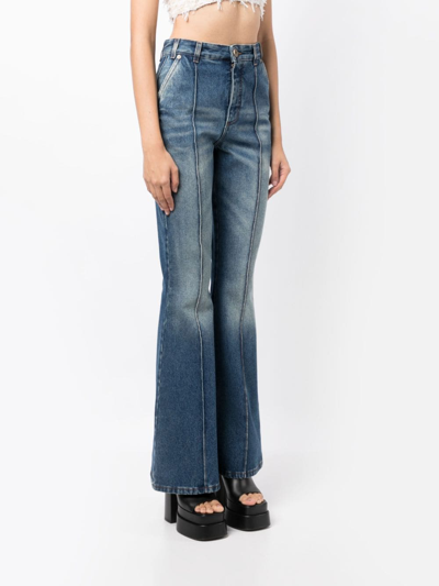 Shop Balmain High-waisted Cotton Flared Jeans In Blue