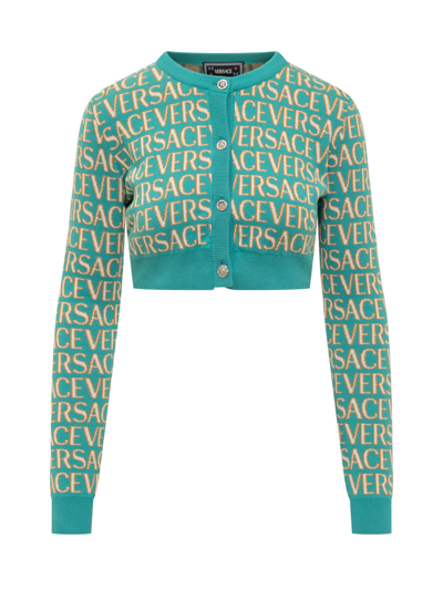 Shop Versace Cardigan With Logo All-over In Turquoise-azzurro