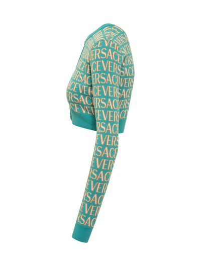 Shop Versace Cardigan With Logo All-over In Turquoise-azzurro