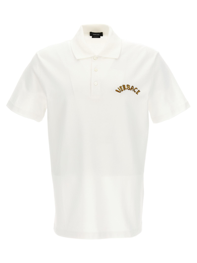 Shop Versace Embroidered Logo Polo Shirt In White