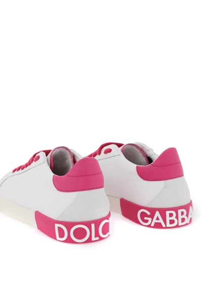 Shop Dolce & Gabbana Leather Portofino Sneakers In Bianco Rosa Shocking (white)