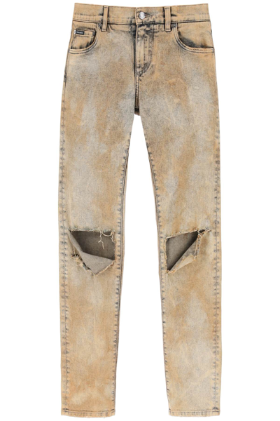 Shop Dolce & Gabbana Skinny Jeans In Overdyed Denim In Variante Abbinata (beige)