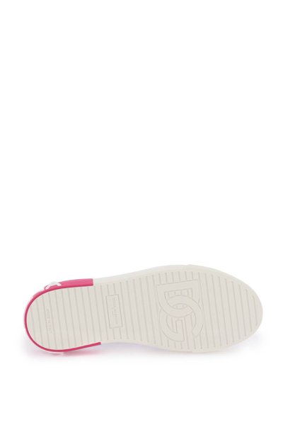 Shop Dolce & Gabbana Leather Portofino Sneakers In Bianco Rosa Shocking (white)