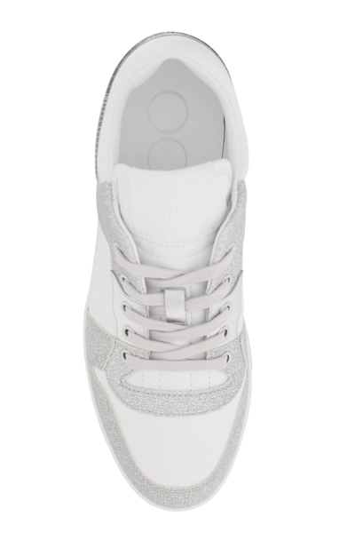 Shop Jimmy Choo Florent Glittered Sneakers With Lettering Logo In X Silver White (white)