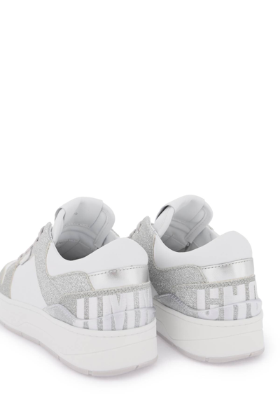 Shop Jimmy Choo Florent Glittered Sneakers With Lettering Logo In X Silver White (white)