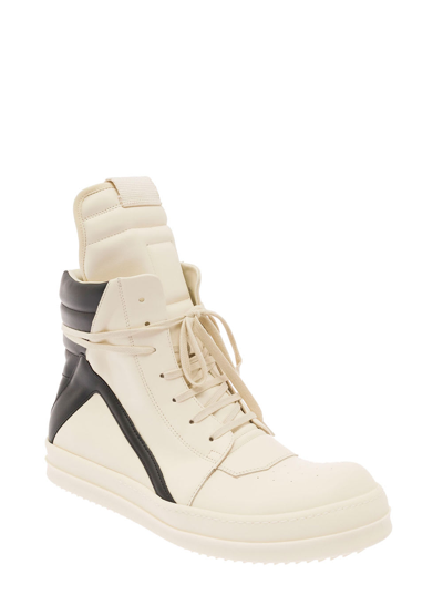 Shop Rick Owens Geo-basket White High-top Sneakers With Contrasting Details In Leather Man In White/black