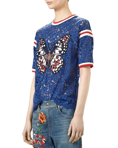 Gucci Women s Butterfly Patch Floral Lace T shirt In Blue In Deep Royal Multicolor ModeSens