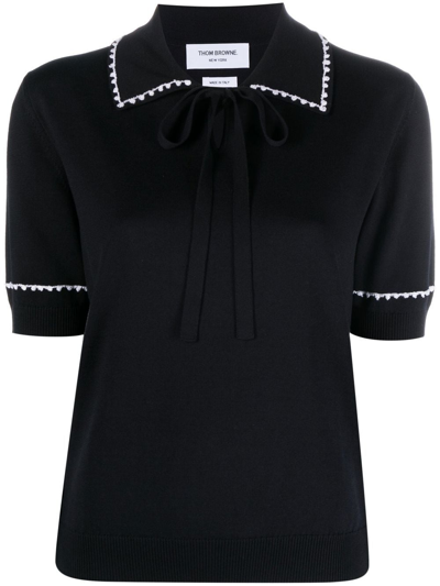 Shop Thom Browne Tie-fastening Knit Polo Top In Blue