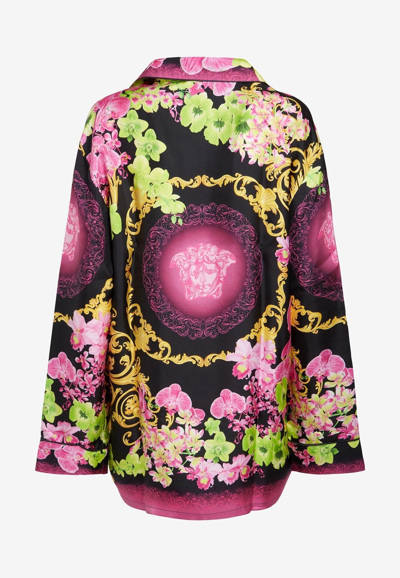 Versace Orchid Barocco Silk Twill Pajama Shirt In Multicolor