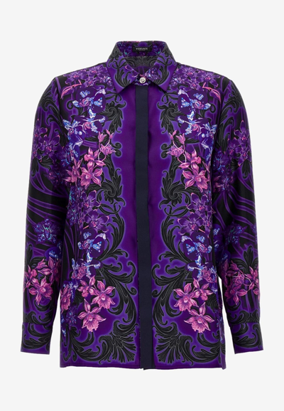 Shop Versace Floral Print Silk Shirt In Purple