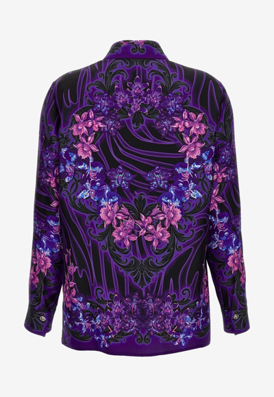 Shop Versace Floral Print Silk Shirt In Purple