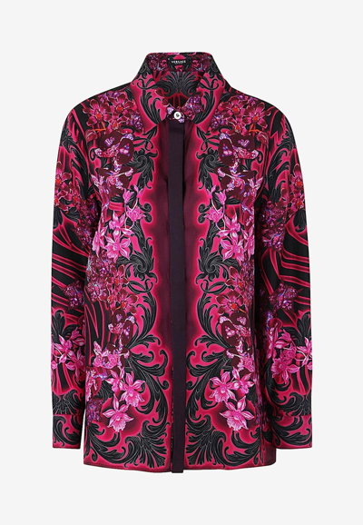 Versace Silk Twill Orchids Print Formal Shirt In Multicolor