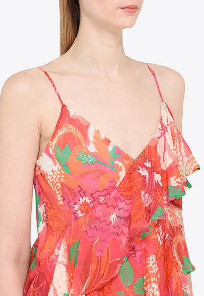 Shop Msgm Floral Top With Ruffles In Multicolor