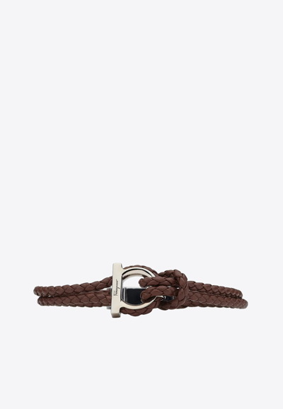 Shop Ferragamo Gancini Calf Leather Braided Bracelet In Brown