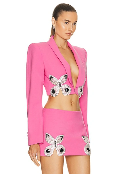 Shop Area Embroidered Butterfly Cropped Blazer In Carmine Rose