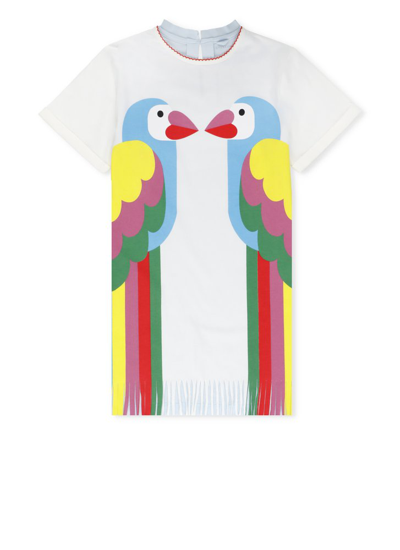 Shop Stella Mccartney Kids Double Parrot Printed Crewneck Fringed Dress In Multi
