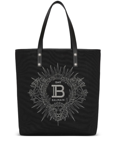 Shop Balmain Black Embroidered Logo Tote Bag
