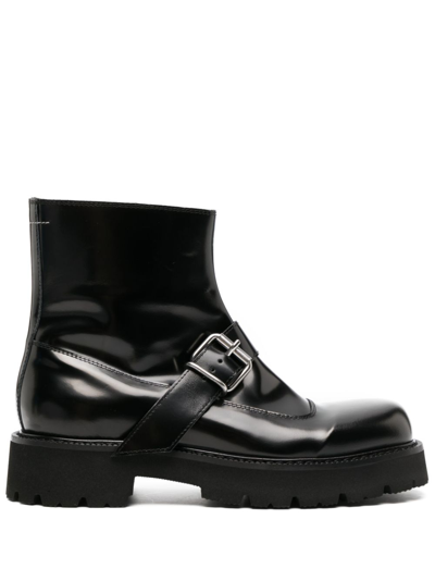 Shop Mm6 Maison Margiela Black Buckle Leather Ankle Boots