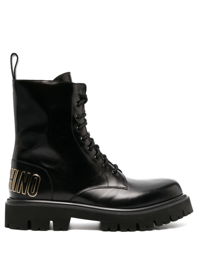 Shop Moschino Black Logo Print Combat Boots