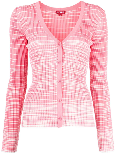Shop Staud Striped Knitted V-neck Cardigan In Pink