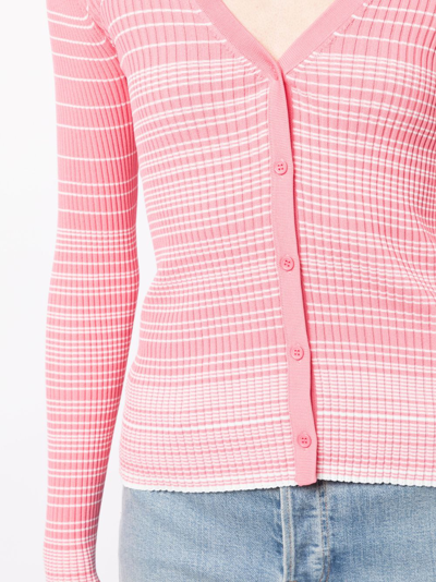 Shop Staud Striped Knitted V-neck Cardigan In Pink