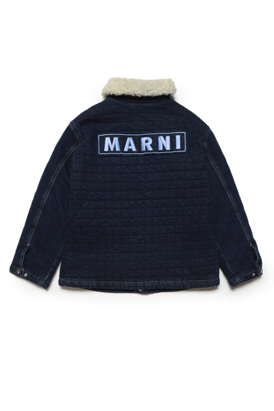 Shop Marni Mj20u Jacket  Dark Jeans Jacket With Faux Fur Collar In Denim