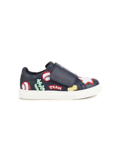 Kenzo Logo Printed Leather Sneakers W/ Straps In Blue