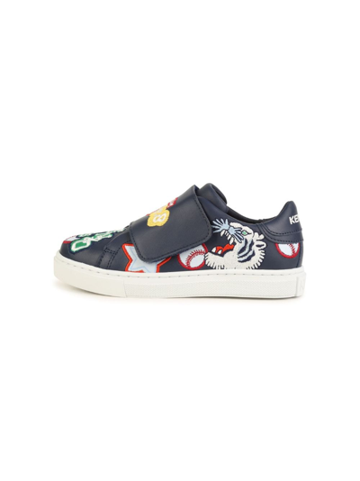 Kenzo Logo Printed Leather Sneakers W/ Straps In Blue