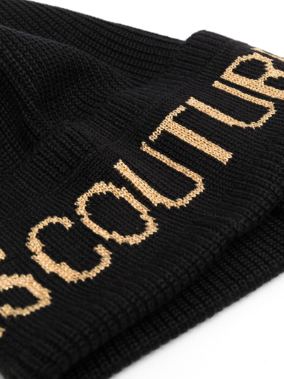 Shop Versace Jeans Couture Intarsia-logo Wool Beanie In Black