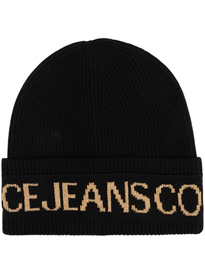 Shop Versace Jeans Couture Intarsia-logo Ribbed Beanie In Black