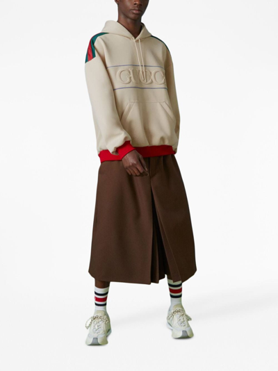 Shop Gucci Logo-patches Web-detail Hoodie In Neutrals