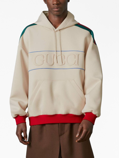 Gucci Web-stripe Logo-embossed Hoodie In Neutrals