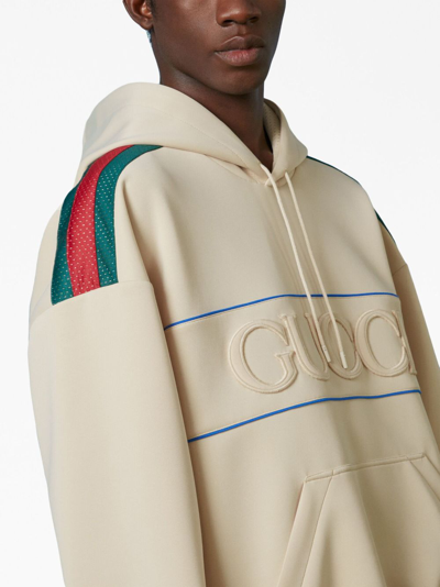Shop Gucci Logo-patches Web-detail Hoodie In Neutrals