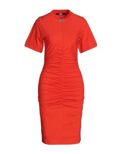 Shop Karl Lagerfeld Ruched T-shirt Dress Woman Midi Dress Tomato Red Size L Cotton