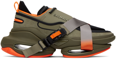Shop Balmain Khaki B-bold Sneakers In Ucx Kaki/orange Fluo