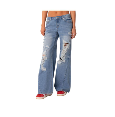 Shop Edikted Women's Low Rise Distressed Wide Leg Jeans In Blue