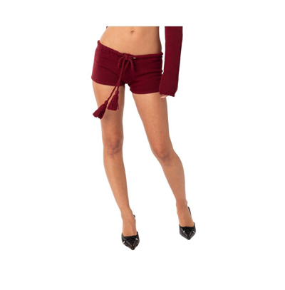 Shop Edikted Women's Knit Low Rise Shorts With Tie At Waist In Burgundy