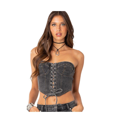 Shop Edikted Women's Waverly Denim Lace Up Corset Top In Black Washed