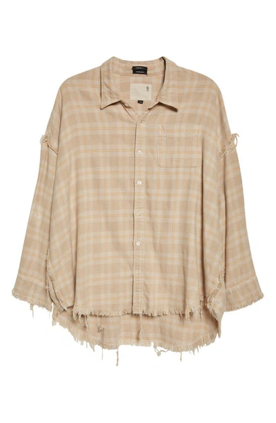 Shop R13 Shredded Seam Drop Neck Oversize Plaid Cotton Flannel Shirt In Khaki Overdye Plaid