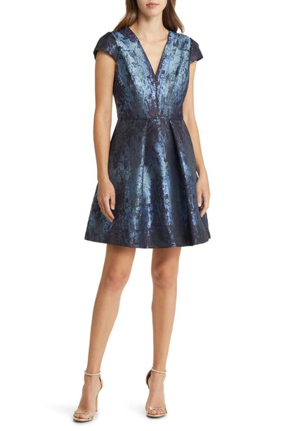 Shop Vince Camuto Metallic Abstract Print Jacquard Fit & Flare Dress In Blue